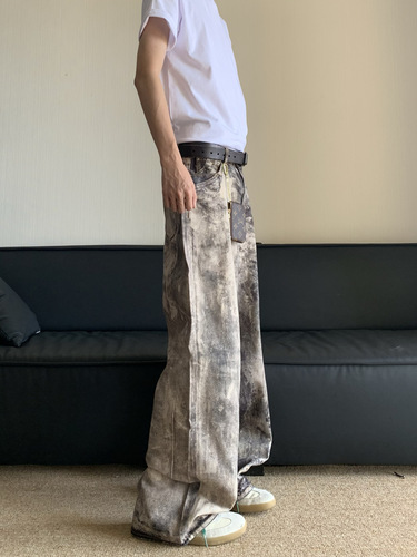 American-style 3D digital camo print denim pants for men, new for spring and summer, distressed low-rise wide-leg casual pants for women