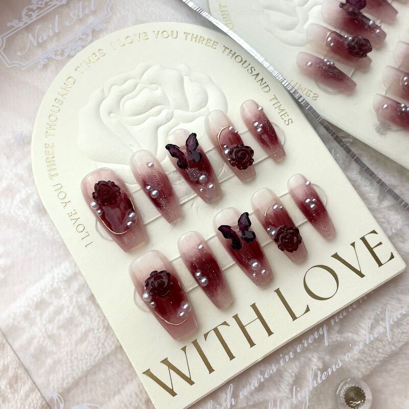 [Pure manual real shot] Spice girls wine red camellia butterfly fake nails hand-worn nail patch nail white