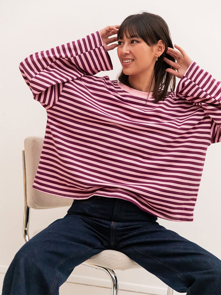 Moda universal relajado cuello redondo de manga larga rayas camiseta de punto 2025 otoño y invierno nuevo estilo europeo y americano transfronterizo