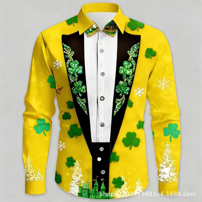 Saint Patrick Men's Clover False Collar Suit Design Button-Down Long Sleeve Fashion Casual Spring and Autumn Shirt