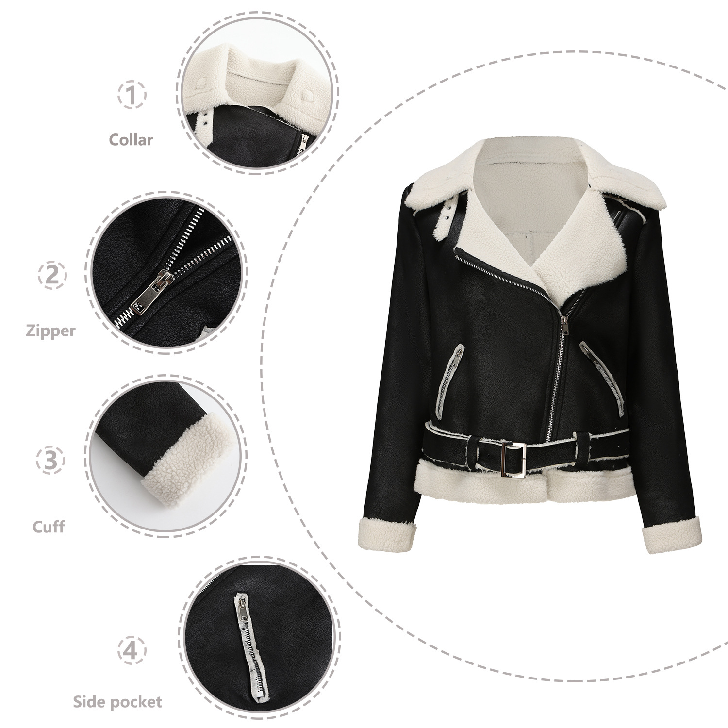 Cappotto con bavero da donna in pelle con pelliccia calda integrata autunno/inverno 2024 con cintura_voghion.com