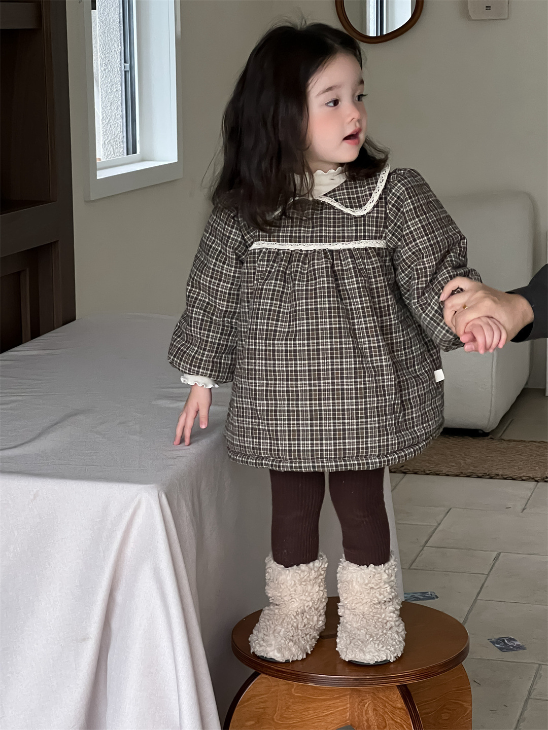 Invierno infantil de lana vestido a cuadros vestido de bebé 2024 ropa de invierno coreana ropa infantil vestido de niñas grueso image 1