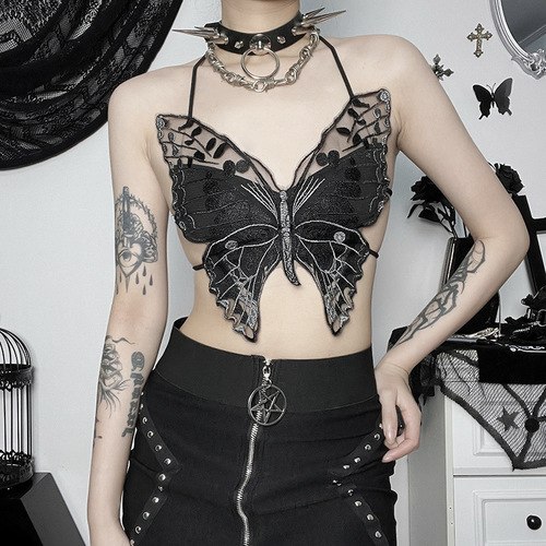 JY23138 Summer  new style European and American style street trendy dark butterfly lace halter top