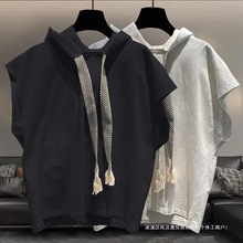 跨境2025新款春夏海外订单尾货~剪标撤回外贸连帽无袖t恤男夏大码