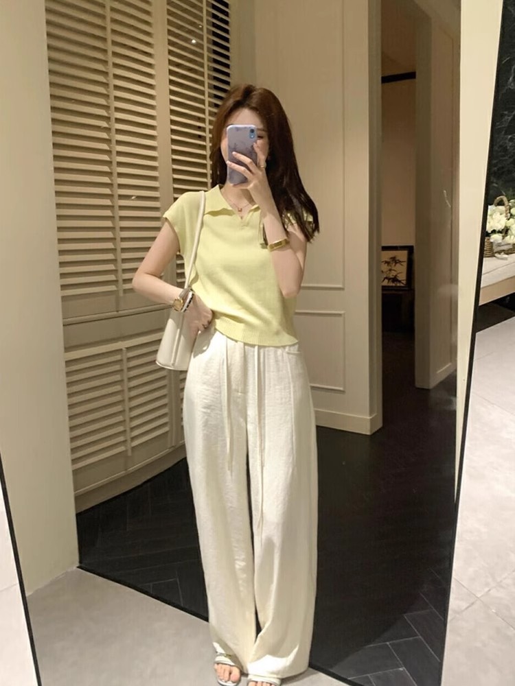 Áo polo nữ ngắn tay cổ bẻ chất liệu linen pha sợi dệt kim — màu đen chi tiết 17