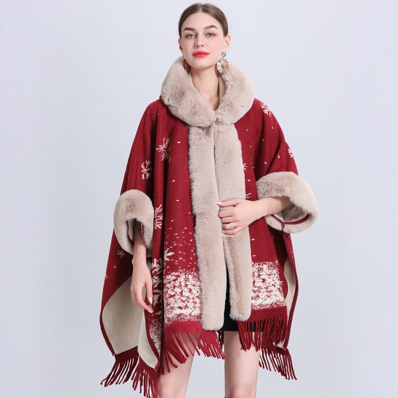 869# autumn and winter New snowflake plus velvet padded fur collar knitted shawl Cape Women's wool coat large size cardigan
