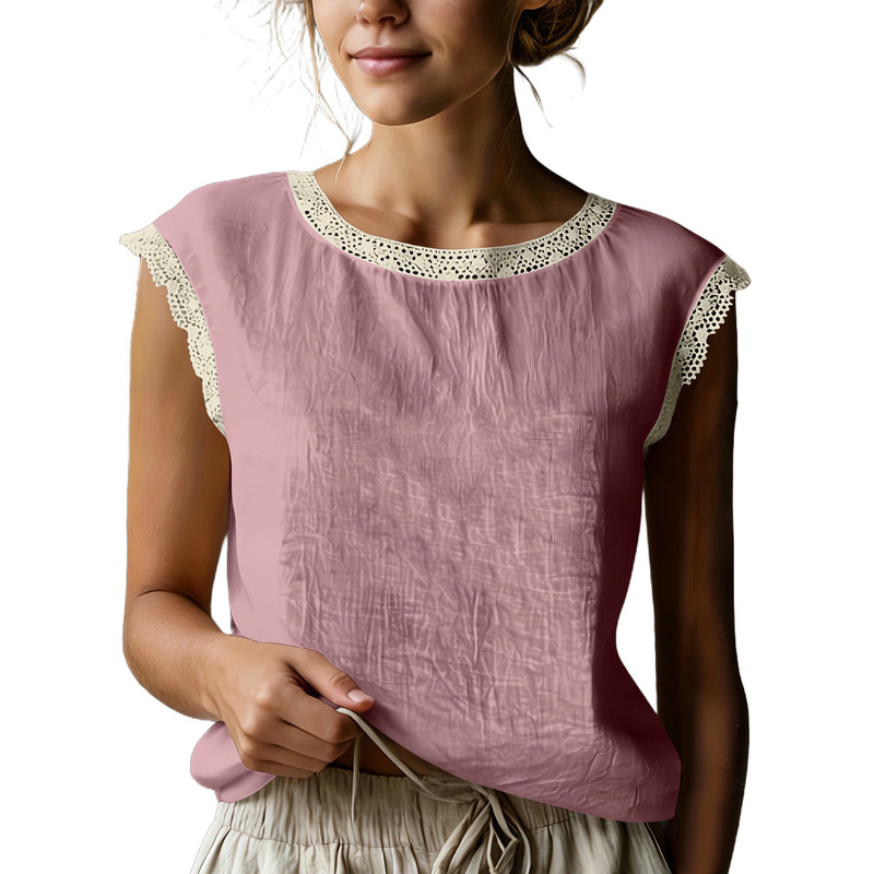 Cross-border women's clothing 2026 women's loose-fitting solid color round-neck lace sleeveless top