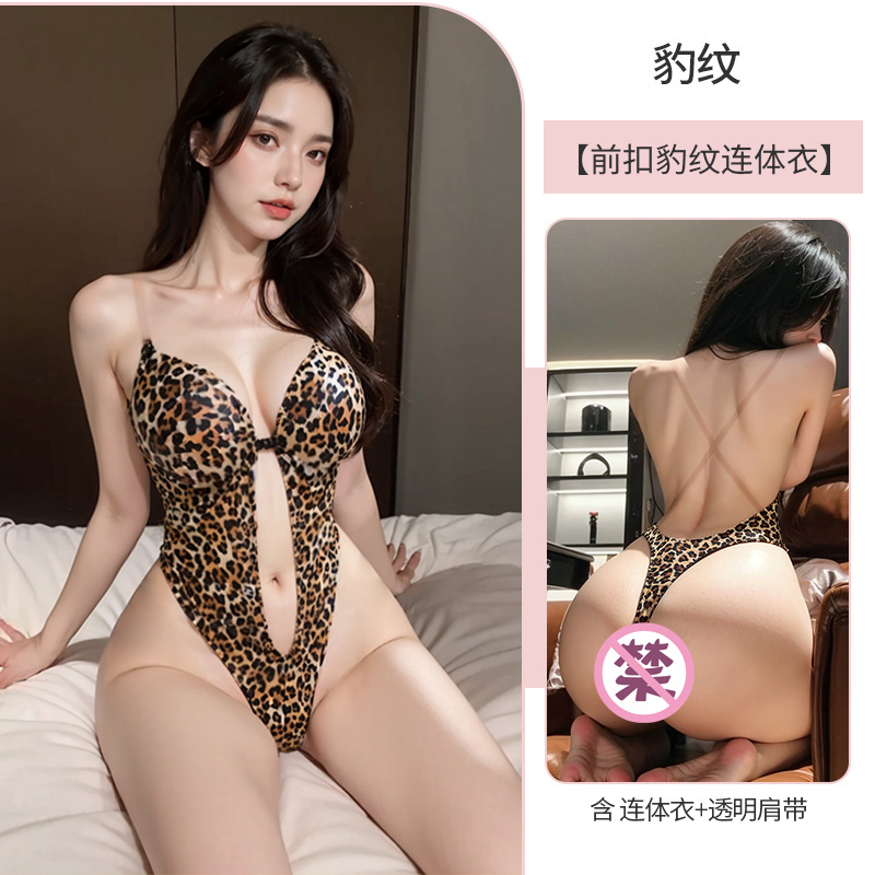 프론트 버튼 언더와이어 브라 패드 레오파드 프린트 점프수트 + 투명 숄더 스트랩