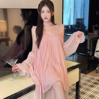 仙女复古宫廷风睡裙女夏季可爱蕾丝公主吊带网纱睡袍两件套睡衣