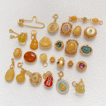 古法镀真金保色镶天然蜜蜡隔珠镂空吊坠锆石挂件diy手工手链配件