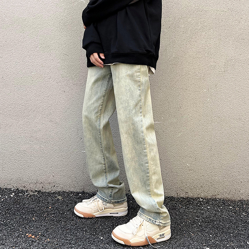 Lktm ropa de hombre # amarillo barro teñido apenado lavado impreso jeans hombres Vibe High Street Europa y América marca moda Pantalones rectos