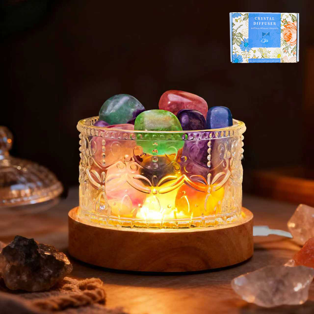 【Caja de Regalo】Piedras Pulidas de Fluorita Candy de 2-4cm 450g + Cuenco Corona de Vidrio + Base USB Tricolor Redonda