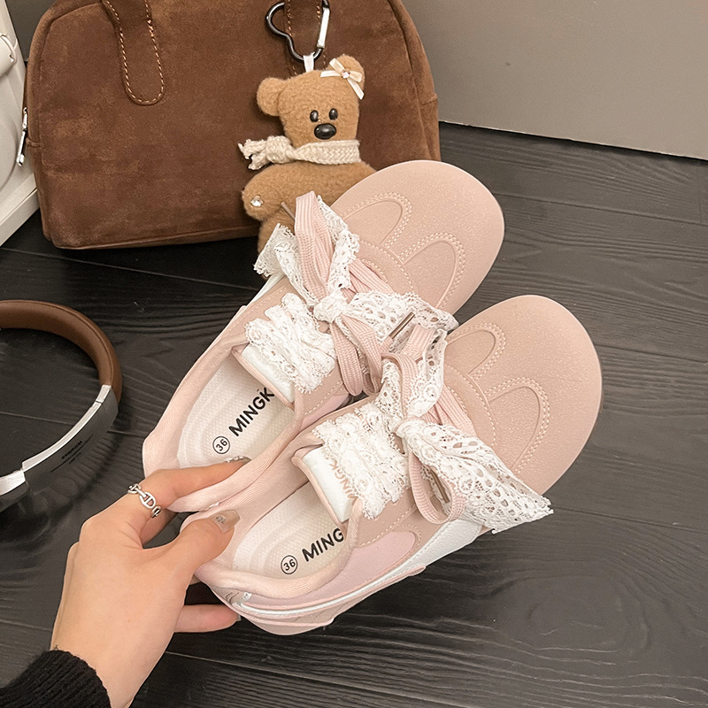 Zapatillas de deporte rosa para mujer 2025 nuevas carreras de primavera y otoño casual todo-fósforo encaje nicho zapatos de entrenamiento de ballet de suela fina de fondo plano