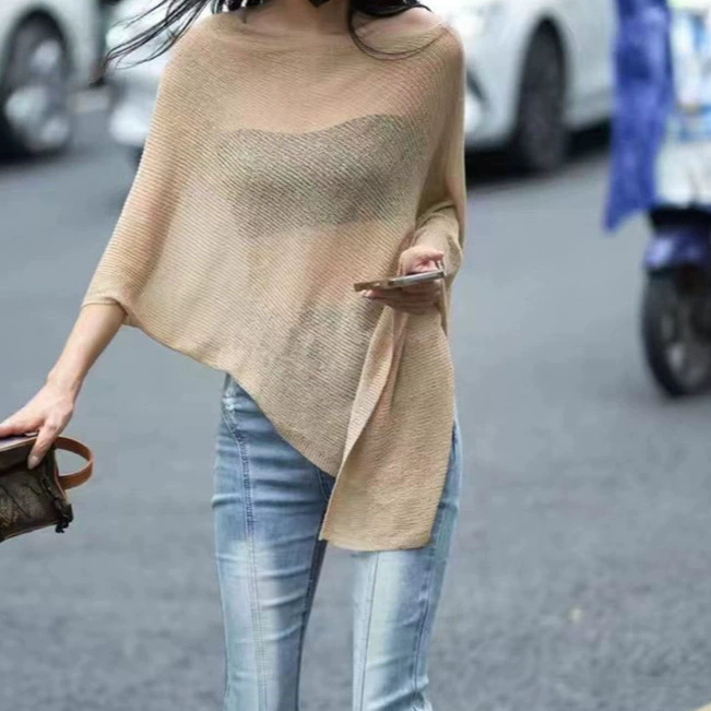 Дизайн нерегулярный плащ накидка солнцезащитный крем рубашка женская свободная весна лето ленивый тонкий свитер из ледяного шелка