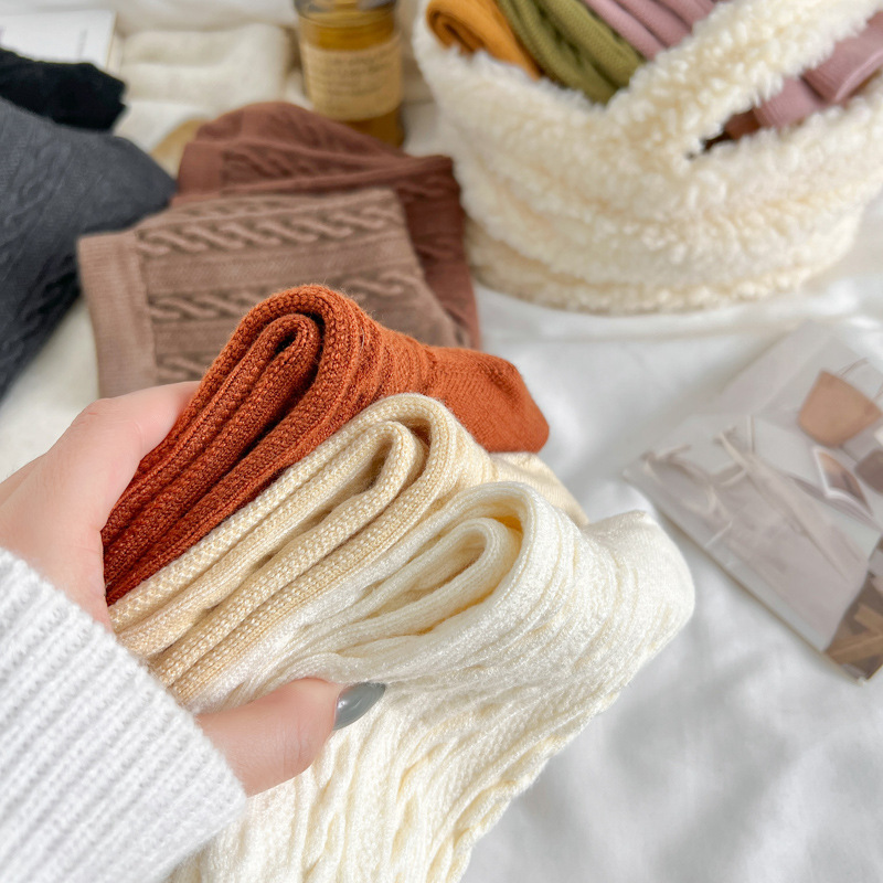 麻花模様のウールソックス、女性用、秋用、カシミヤ混、厚手、暖かい、黒のロングソックス、綿のパイルソックス、女性用、冬用、甘いスタイル|undefined