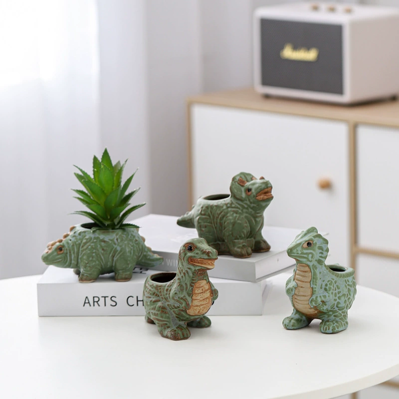 Симпатичная креативная личность Маленькое животное повелитель треугольник динозавр мультфильм керамический цветочный горшок украшение забавный K бронзовый зеленый