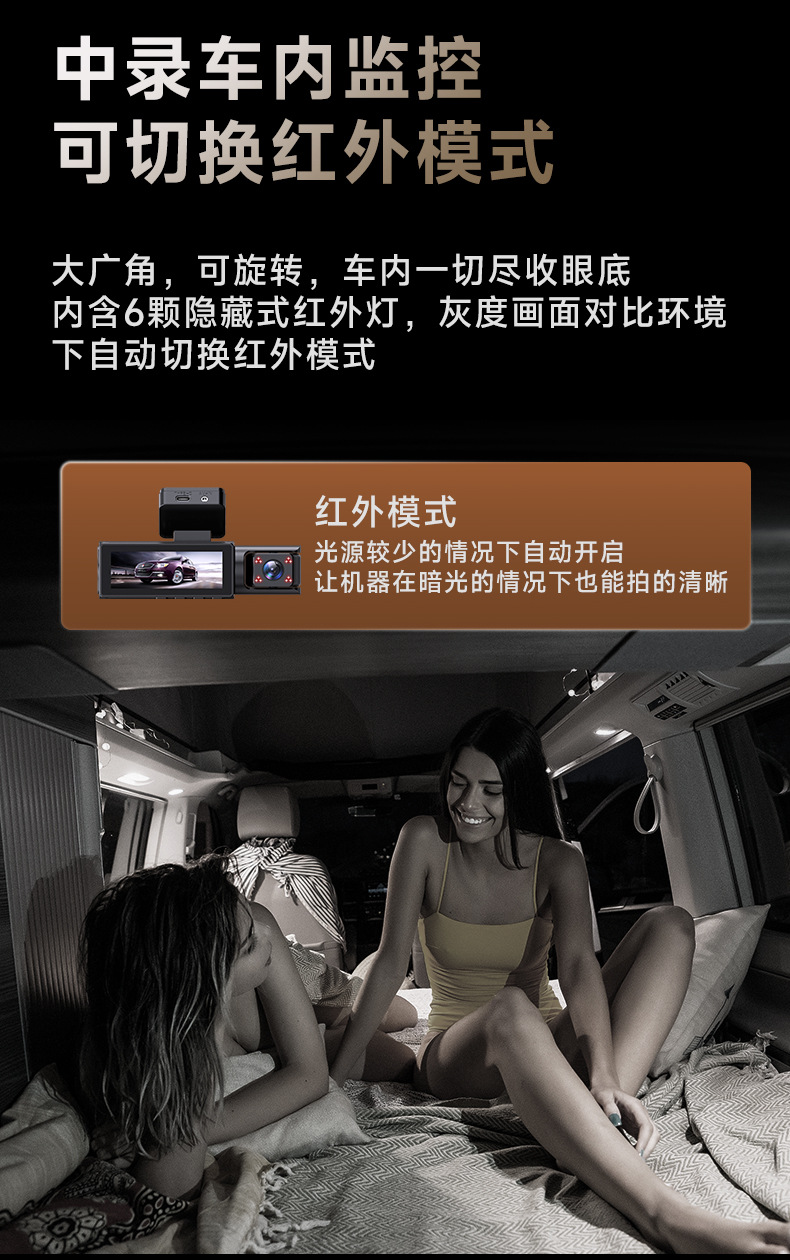 Three-Way In-Car Monitoring Dashcam with No-Wiring 4K High-Definition Dual Front and Rear Cameras, 3.2inch Screens, Wifi Connectivity