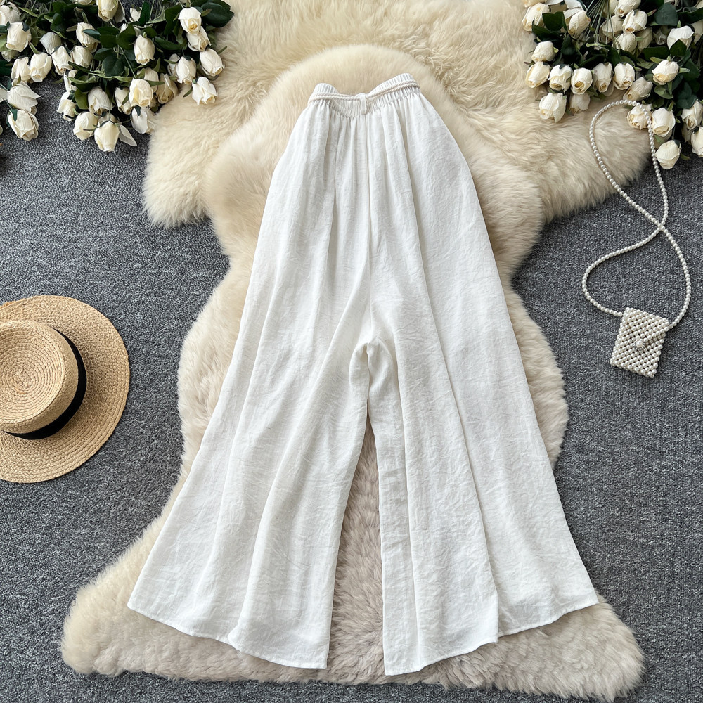 Women's High-Waisted Wide-Leg Trousers Tie Waist Retro Commuter Style Flowy Drapery Relaxed Fit Casual Pants_ecoleips.com