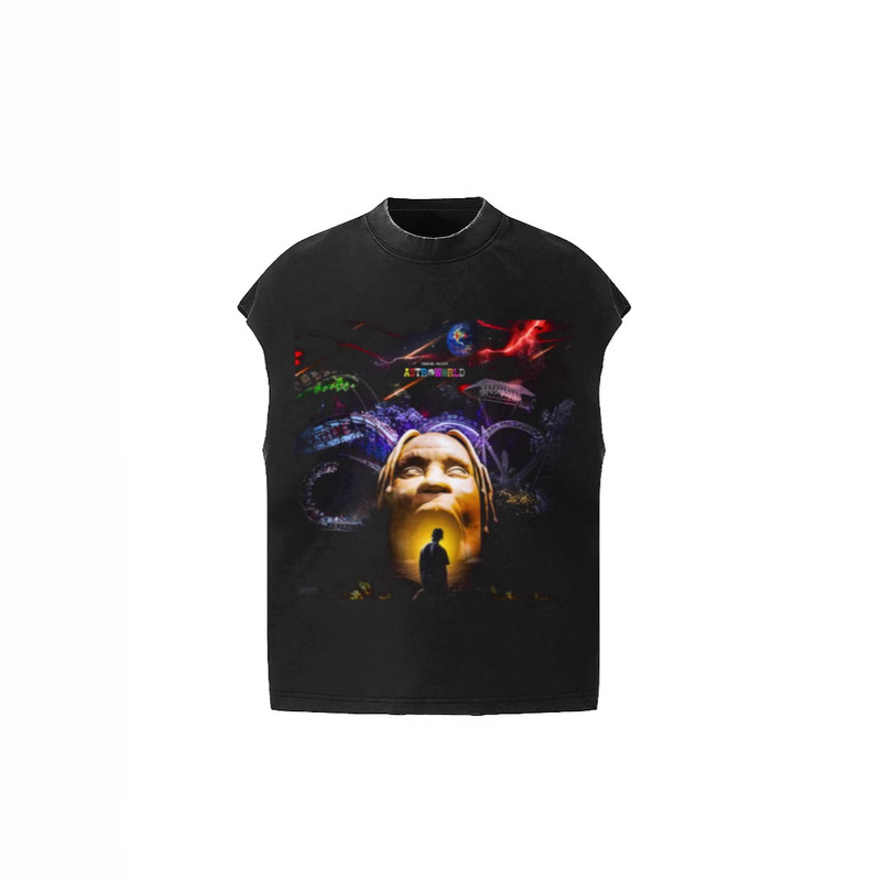 Travis Scott Scott co-Utopia album cover portrait retro washed distressed waistcoat sleeveless