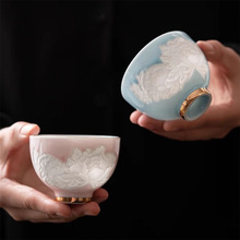 影雕蝶恋花主人杯粉色茶杯个人专用高档可爱情侣一对