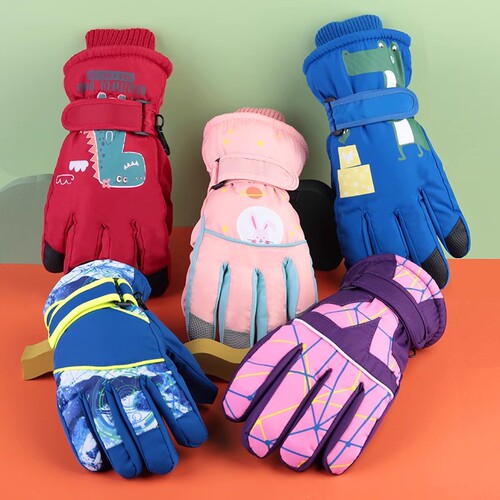 Thick padded winter snow gloves for children aged 3-17, with features including cold insulation, waterproof, windproof, anti-slip, and snow play.