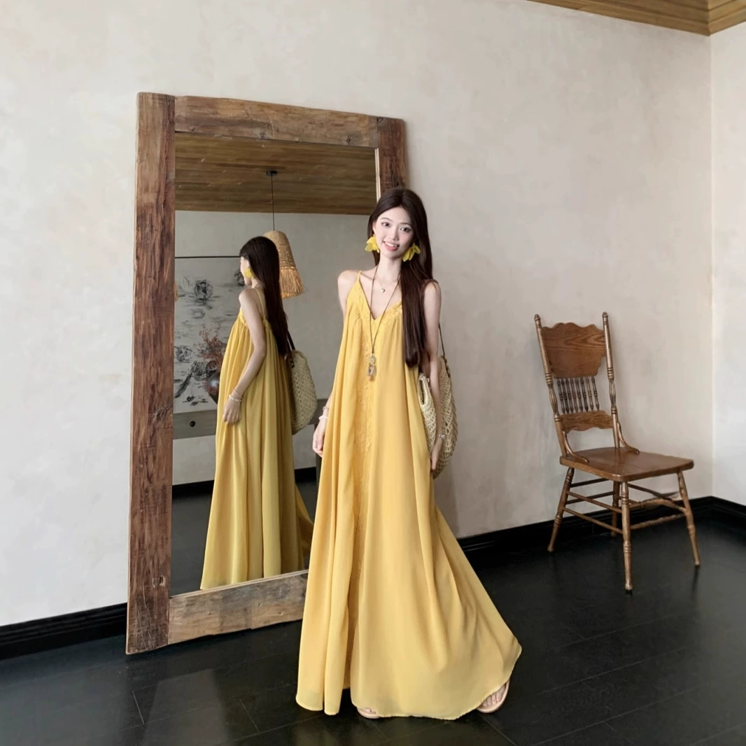 Атмосферная юбка-миди с V-образным вырезом и бретелями для женщин, новинка лета 2025, элегантная белая юбка без рукавов