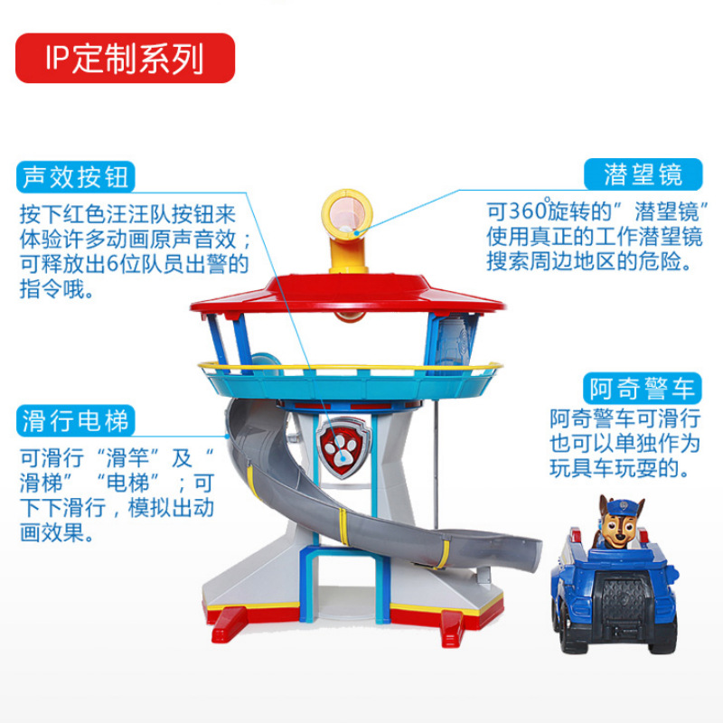 El equipo de la guarnición de la torre de vigilancia de sonido y luz de la sede de la patrulla, muñeca Archie, coche de policía, regalo de juguetes.