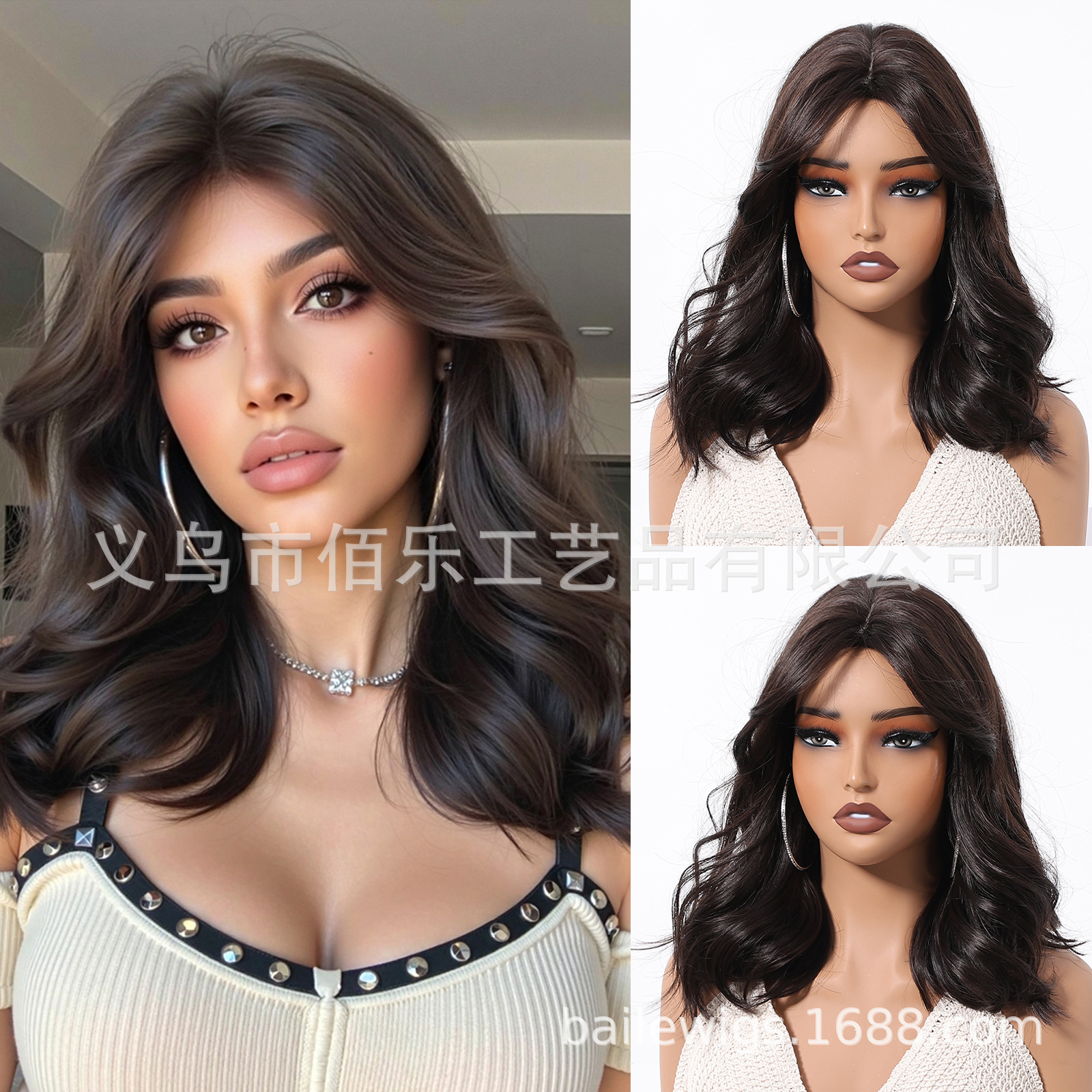 Perucas europeas y americanas negras marrones hombros cabello rizado largo con franges cubierta de cabello de fibra química de cabello de mujer al por mayor en stock transfronterizo