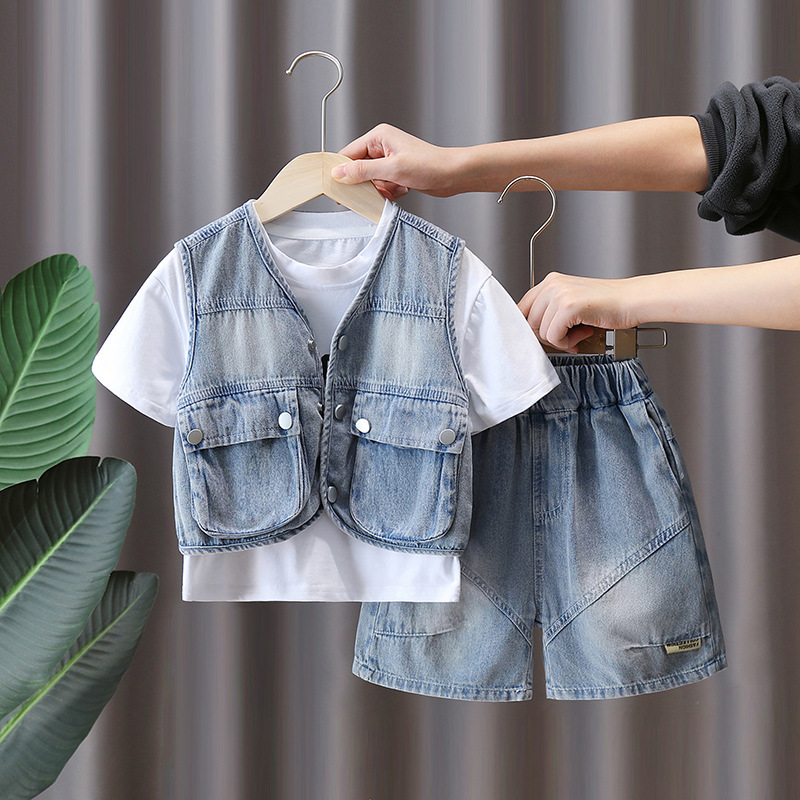 7261 Conjunto de chaleco para niños, moda para niños guapos, calle frita, ropa de verano, ropa de verano roja, traje de mezclilla de tres piezas, verano