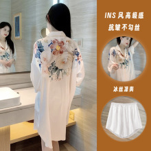 网红爆款睡衣女夏季高级短袖短裤年轻冰丝开衫衬衫睡裙套装家居服