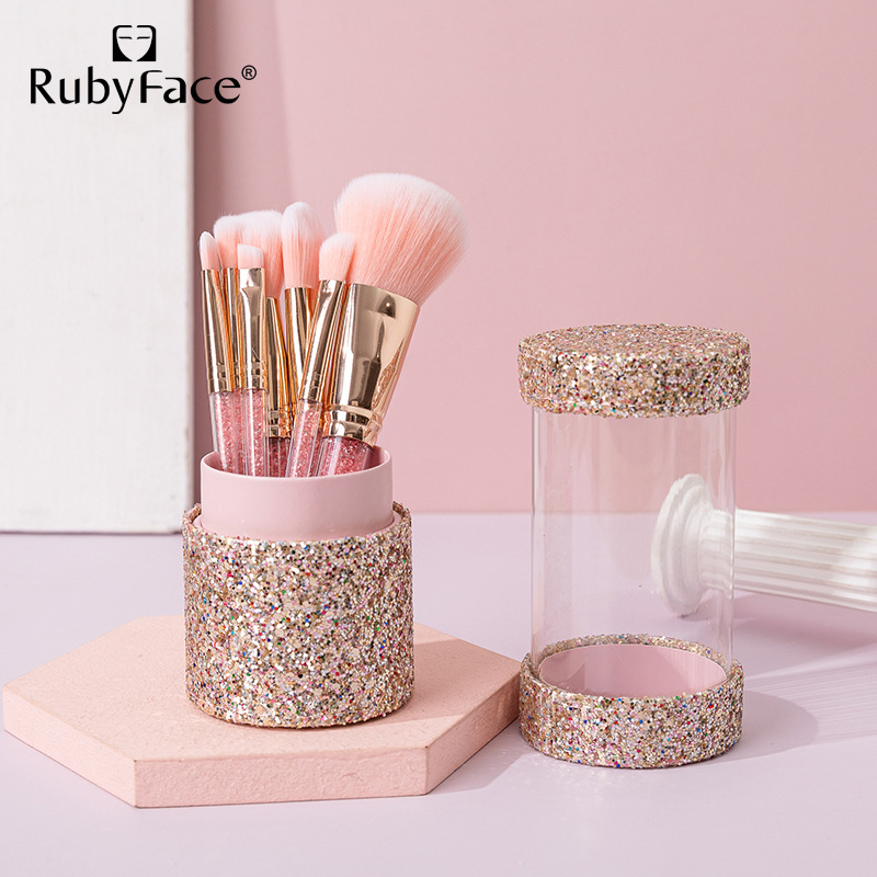 RUBYFACE - Conjunto de 7 Pincéis com Cabo de Strass, Corpo com Glitter - Ferramentas de Maquiagem Profissionais para Uso Internacional_voghion.com
