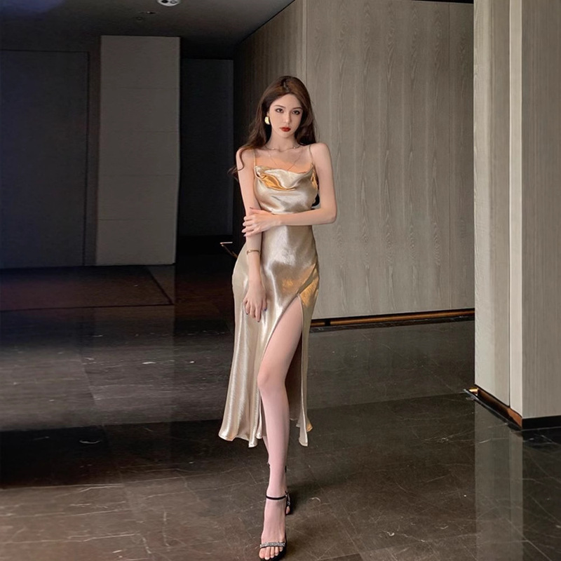 Suspender long dress waist slit autumn high-end evening dress women's elegant high-end champagne Korean style solid color dress