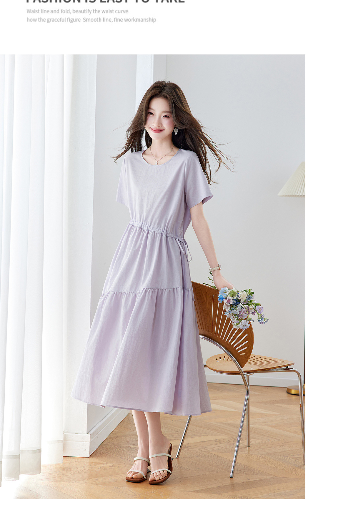 Đầm maxi nữ thắt eo dáng suông rút dây A-line tay ngắn JY2619 — màu tím nhạt, Vàng nhạt chi tiết 18