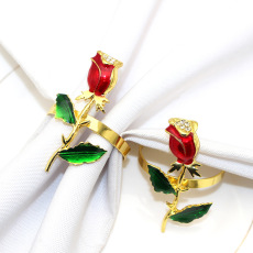 酒店新品 情人节红色玫瑰花餐巾环镶钻餐巾扣金属餐巾圈厂家批发