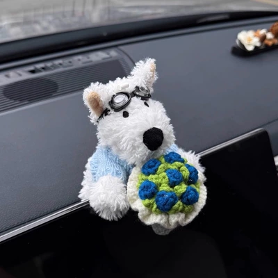 Cartoon Stuffed Plush Bouquet Car ornaments - flying-glasses-with-blue-flowers-and-blue-clothes-west-highland-lying-screen