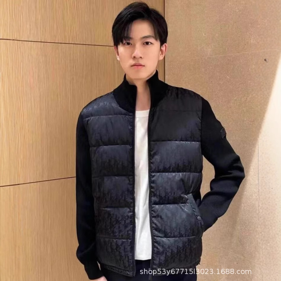 공장 실사 D 홈 오블리크 프린트 풀 프린트 니트 스탠드 칼라 다운 재킷 통근 하이 스트리트 따뜻한 커플 재킷