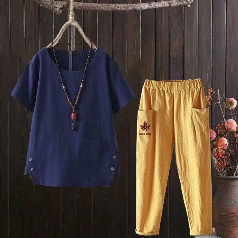 2024 хлопковая и льняная футболка, укороченные брюки, женские летние, новый модный костюм из двух предметов в художественном ретро-этническом стиле больших размеров с короткими рукавами