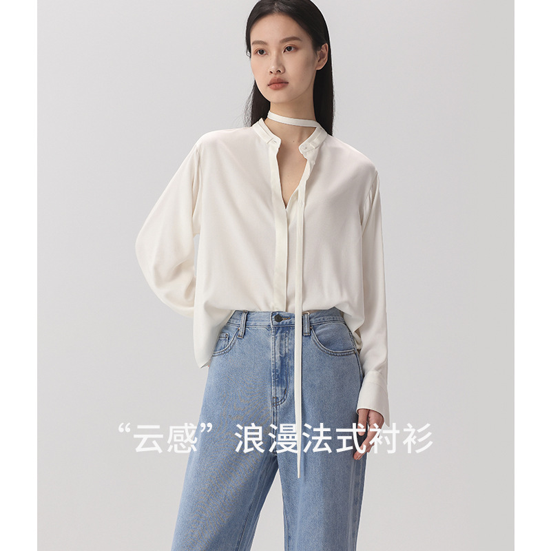 25 Years of Spring and Summer New Women's Lapel Tops Slimming Look Classic Shirts Loose Breathable No-Iron Cloud-Like Lace-Up Shirts