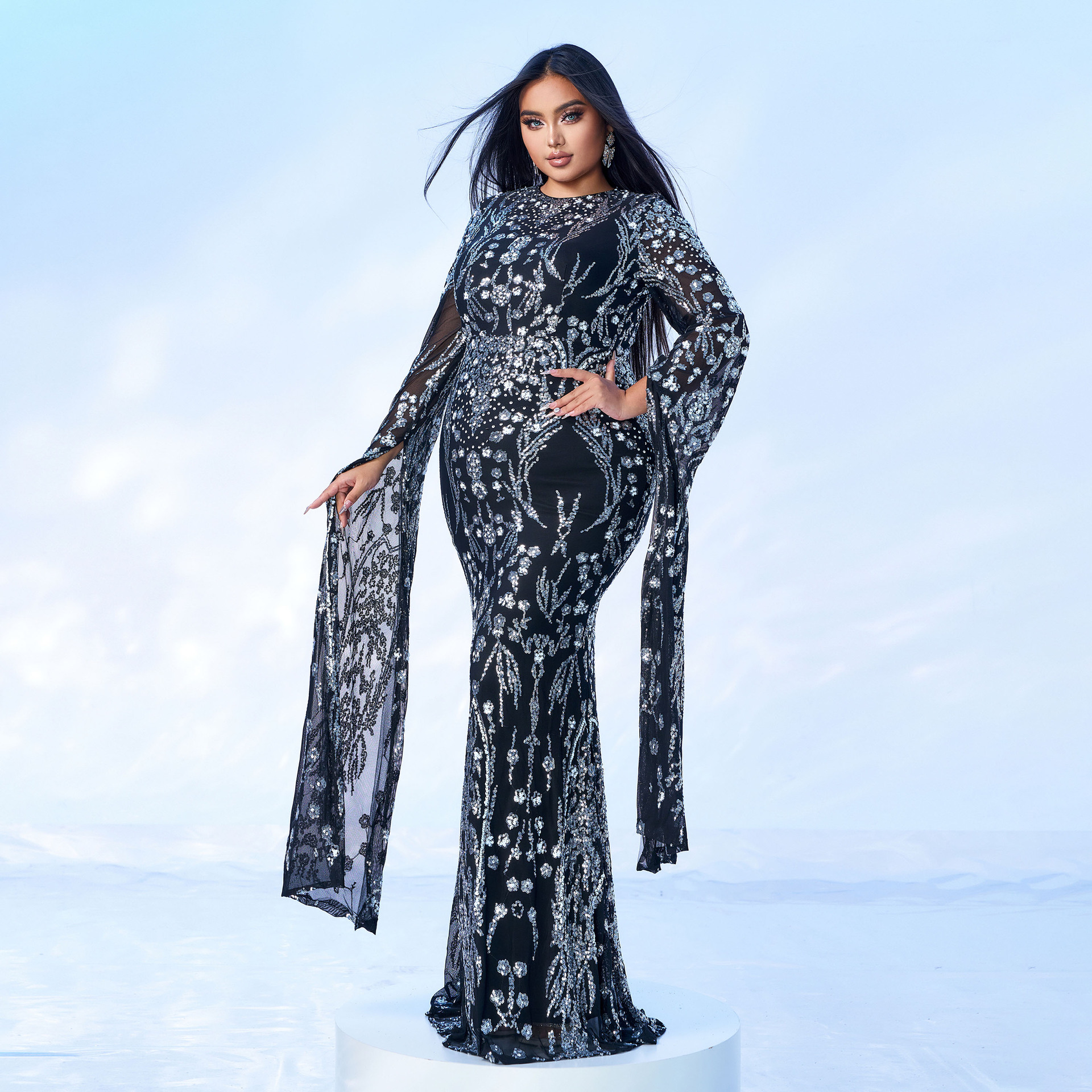 Women's Clothing ultra long sleeve temperament round neck sexy slim long sequined banquet evening dress bridesmaid dress_voghion.com