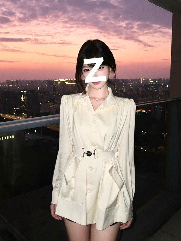 French-Style Elegant Stand Collar Puff Sleeve Waist-Cinching Short Petite Trench Coat Jacket for Women, New Autumn Cardigan Coat