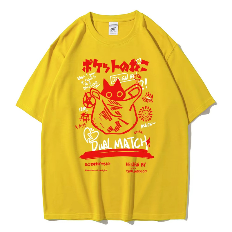 男女2024原宿川合伊猫プリント半袖tシャツ夫婦街頭カジュアルゆったり服Y2Kトップス|undefined