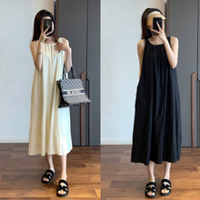 韩国夏新款ins法式轻盈宽松藏肉显瘦挂脖式褶皱纯色无袖A字连衣裙