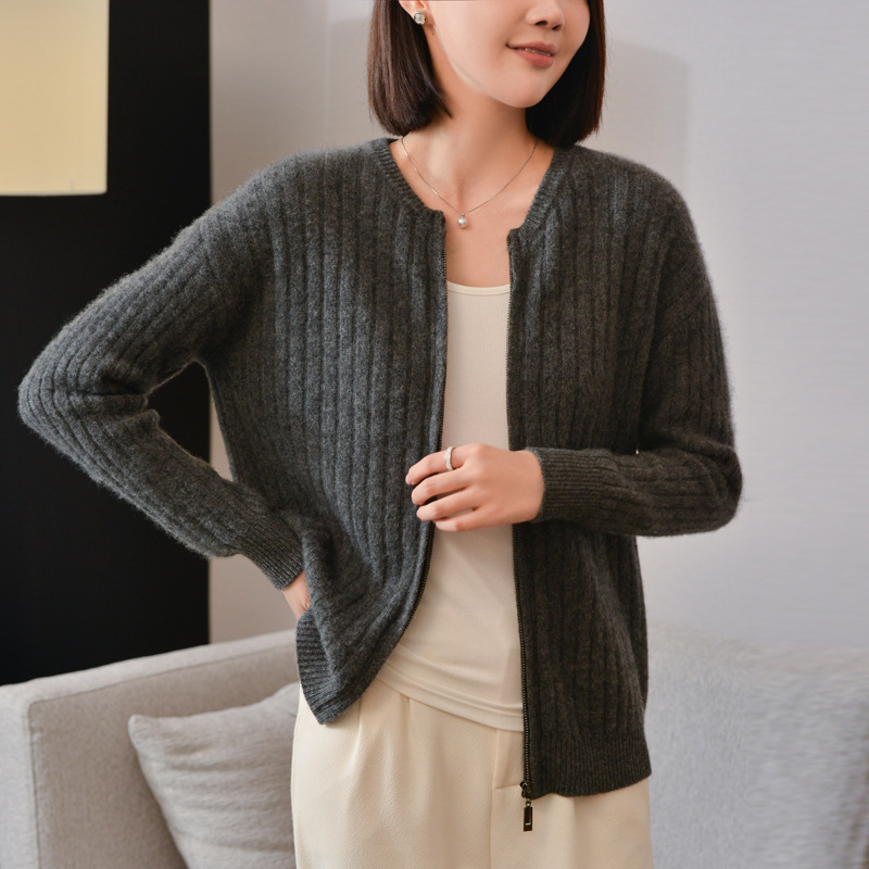 Demi-season solid color woolen knitted cardigan with zipper with a…
