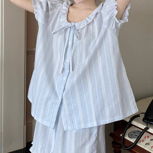 Blue Plaid Pajamas for Women in Summer 2025 New Short-Sleeved Sweet Students Can Wear Home Clothes Thin Suit