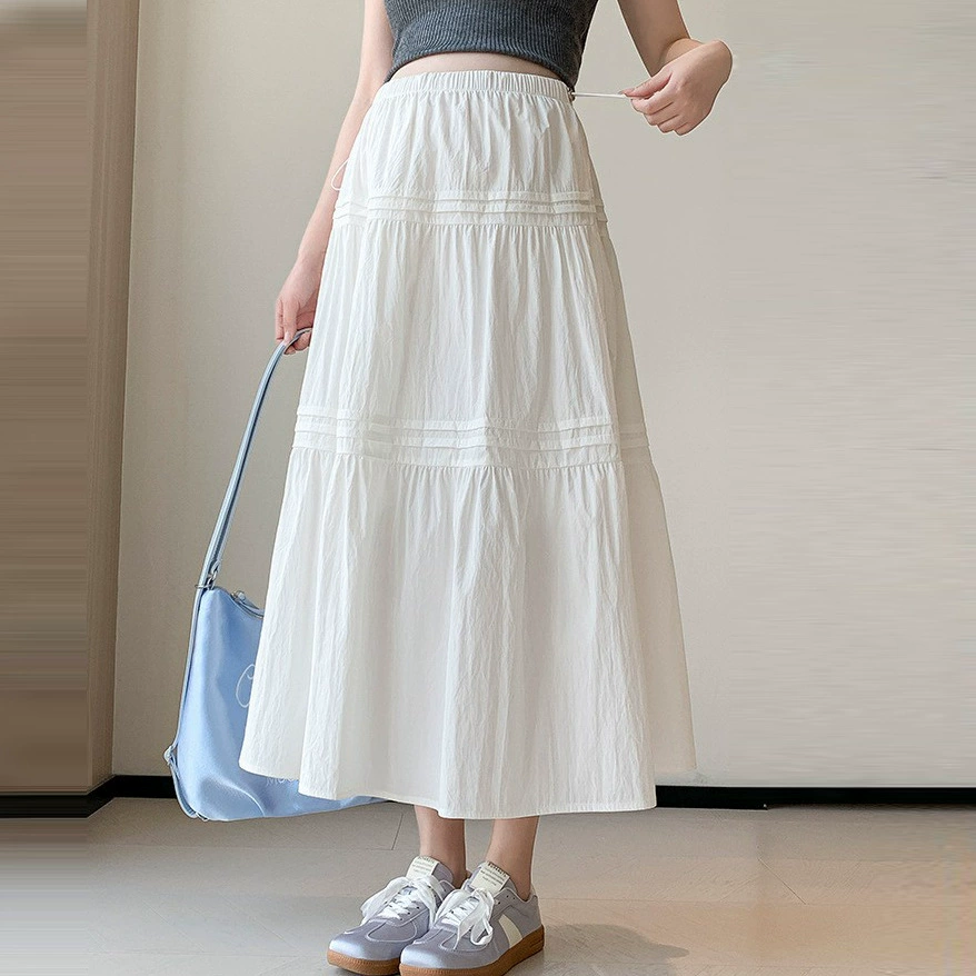 Летняя длинная белая юбка, oversize, середина длины, хлопок и лён, силуэт A-линии