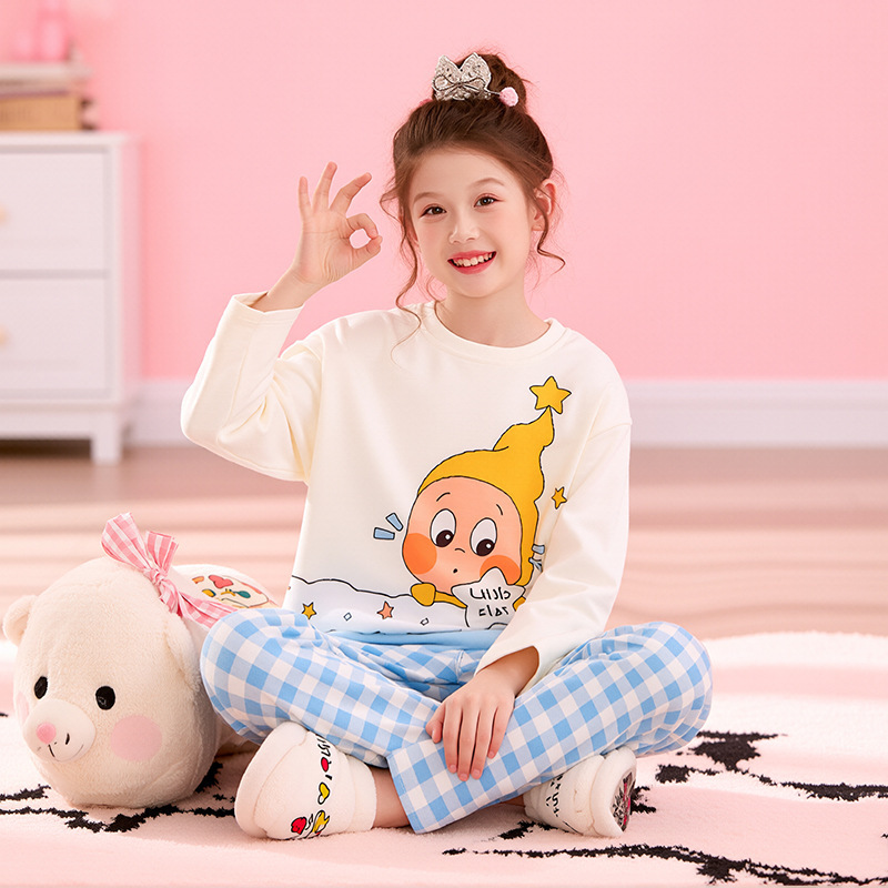 Children's Pajamas for Girls, Spring and Autumn, Pure Cotton, Long Sleeve, Cute Cartoon, Home Wear Set for Middle School Girls