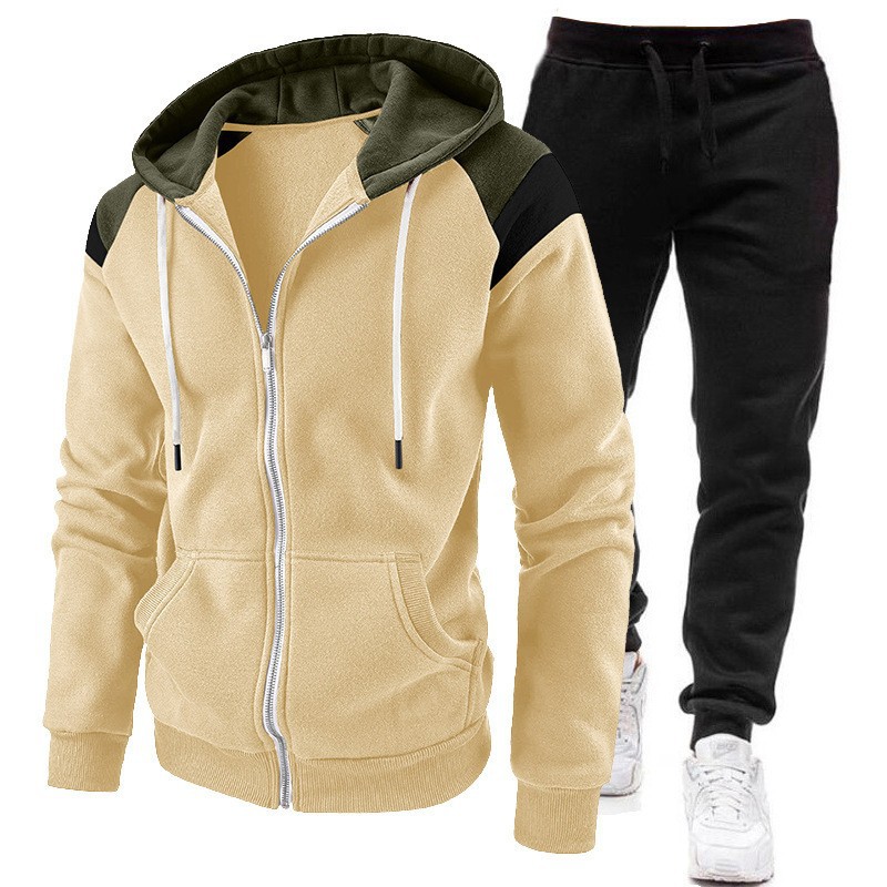 Sweat à capuche zippé tendance pour hommes 2024, ensemble deux pièces printemps et automne, épissage de sport_voghion.com