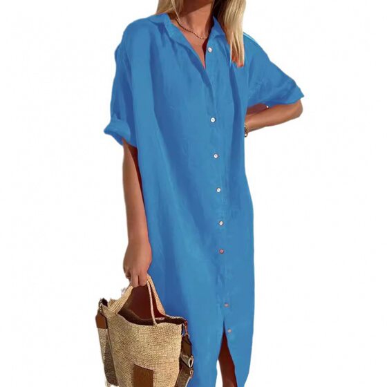 AliExpress Independent Station Women's Elegant Casual Loose Short-sleeved Button Dress Cotton Linen Long Pocket Shirt dress