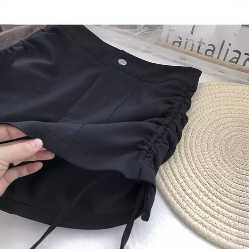 Women's Summer High-Waisted Slim-Fitting White Casual Pants with Side Straps, Korean Style, Versatile and Slimming, Outwear Short Pants