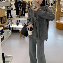 秋冬新款针织上衣+披肩+阔腿裤三件套气质休闲宽松慵懒毛衣女套装